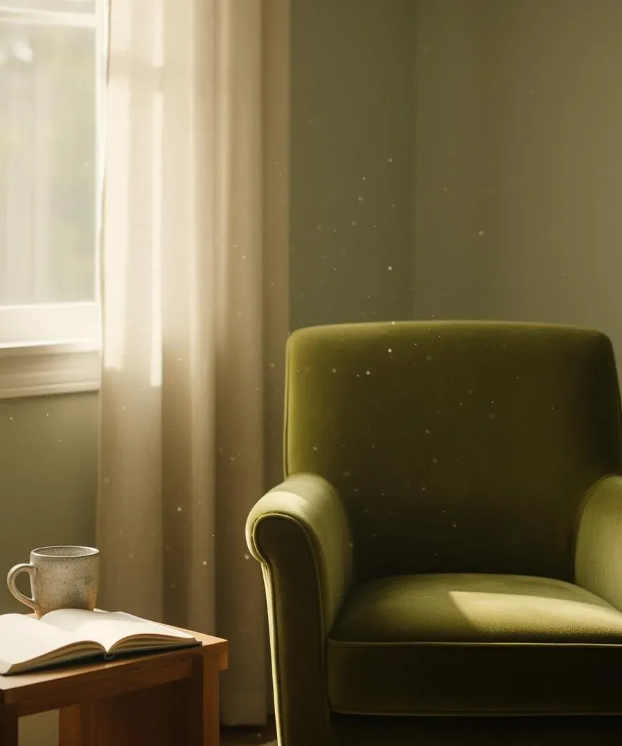Sunlit therapy office with a sage-green armchair, sheer linen curtains, and a small wooden side table holding an open notebook