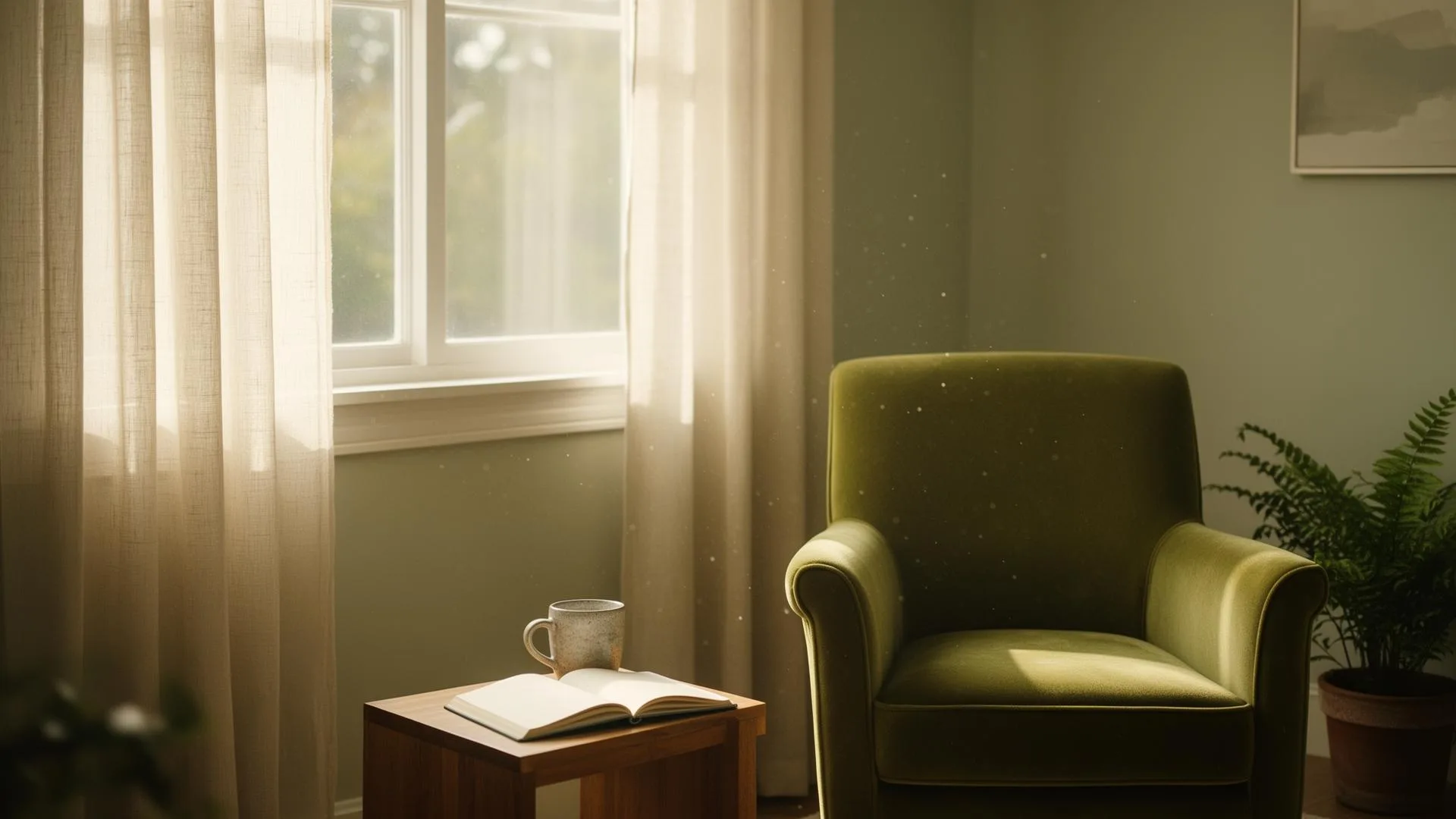 Sunlit therapy office with a sage-green armchair, sheer linen curtains, and a small wooden side table holding an open notebook